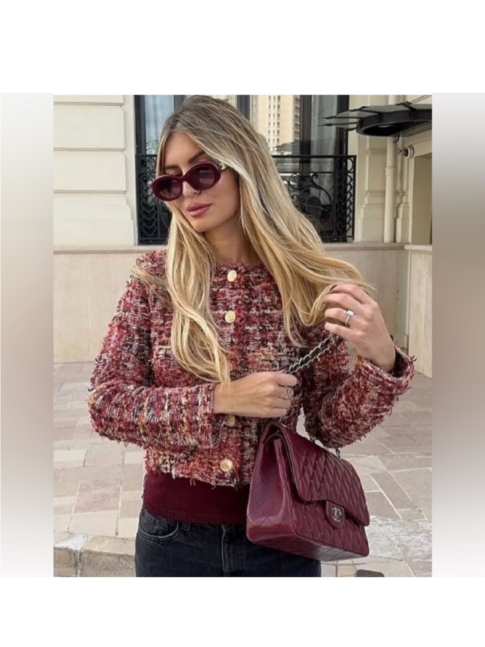 Zara burgundy metallic textured structured knit cardigan